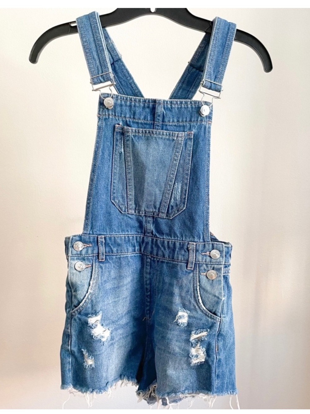 Denim Short Overalls - Distressed Blue